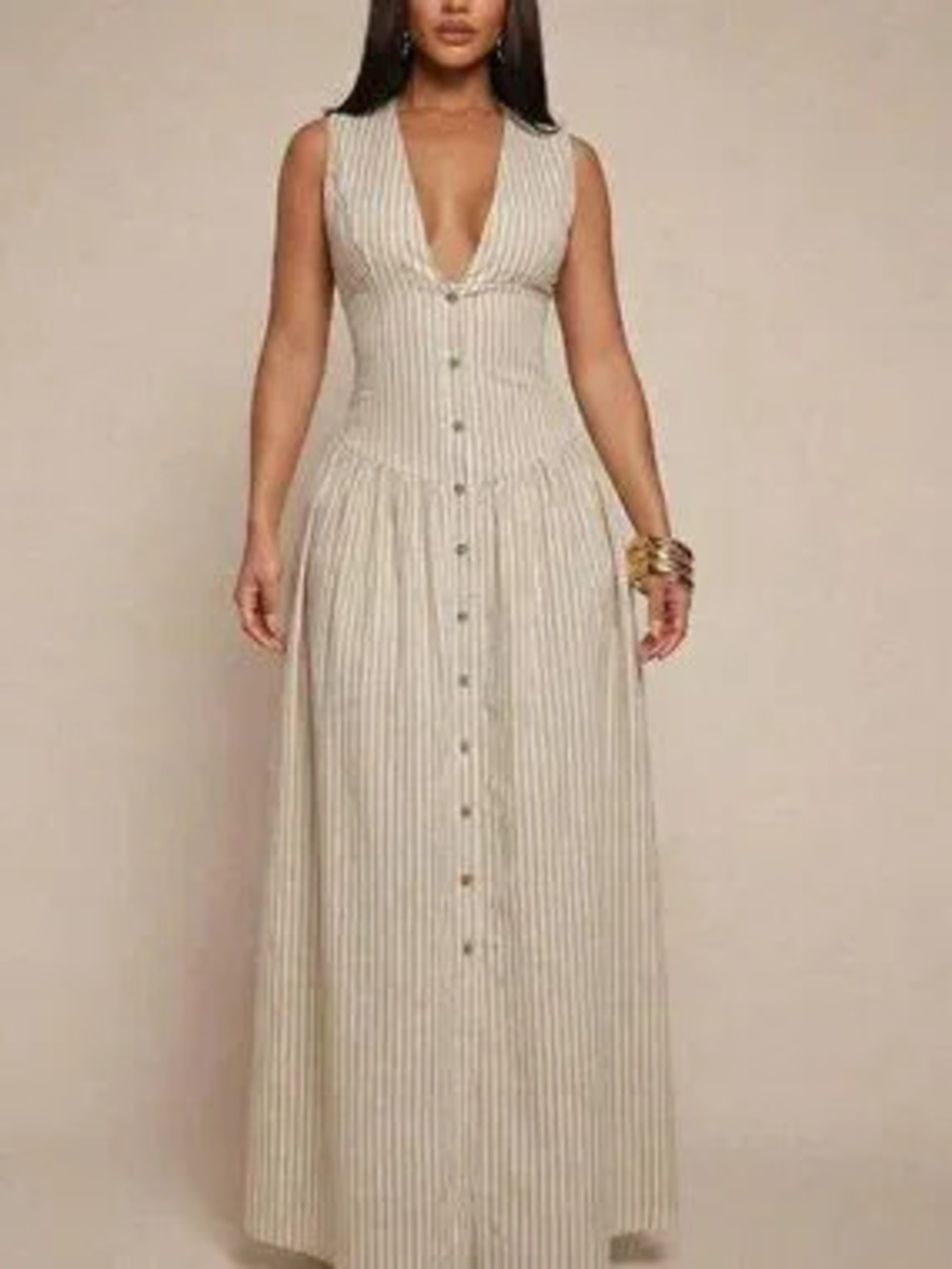 ZARA Casual Women's V-Neck Sleeveless Stripe Cinched Waist Long Dress